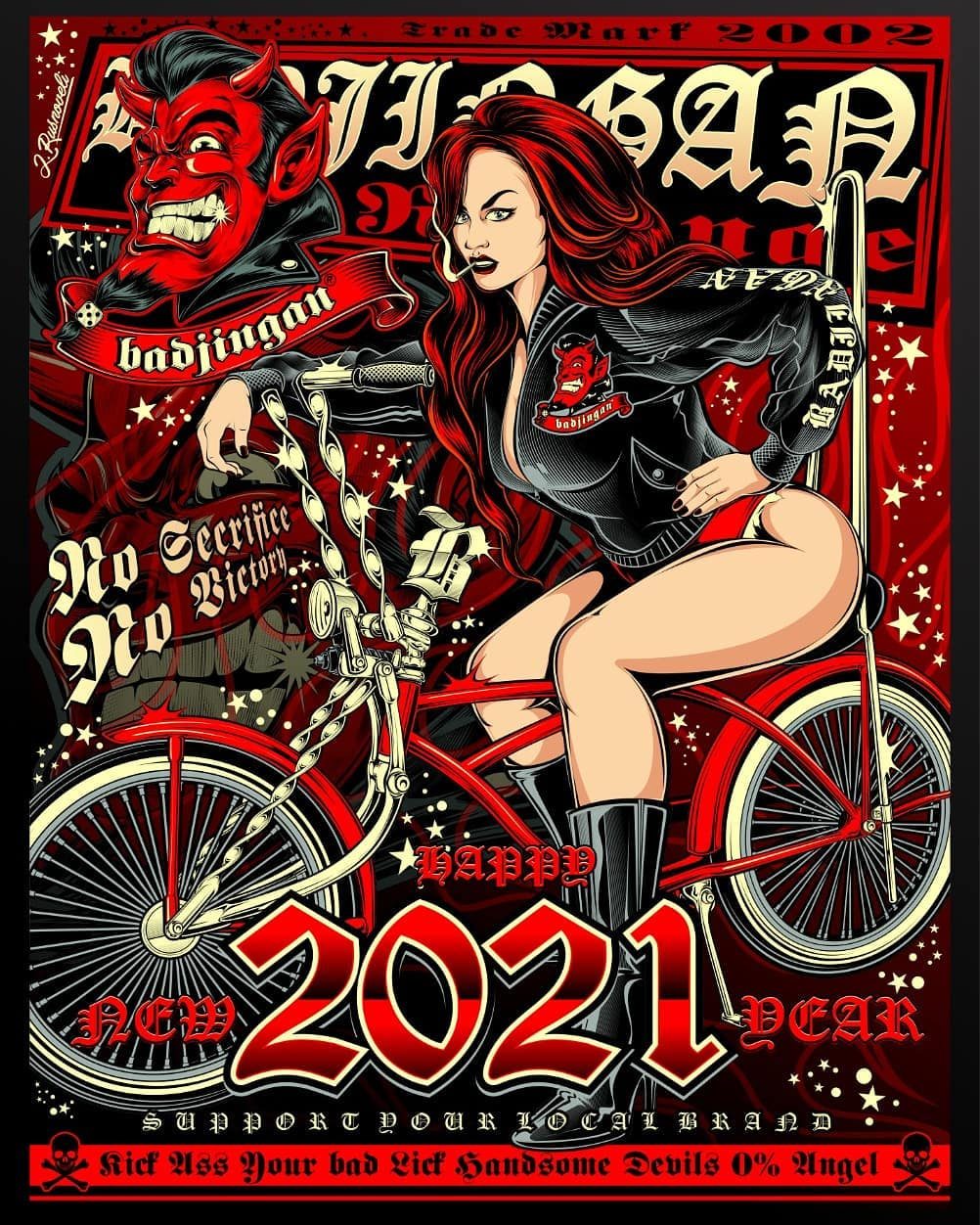 Poster devil dan pin-up di atas sepeda kustom bertema tahun baru