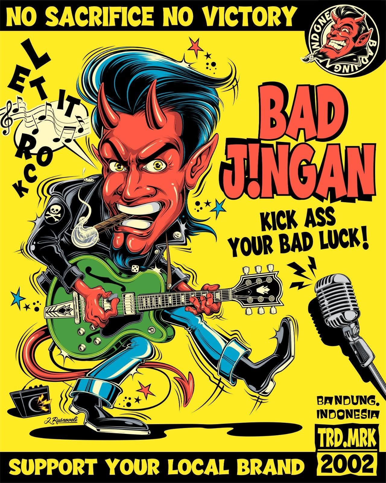 Ilustrasi devil rockstar bermain gitar di atas dasar kuning