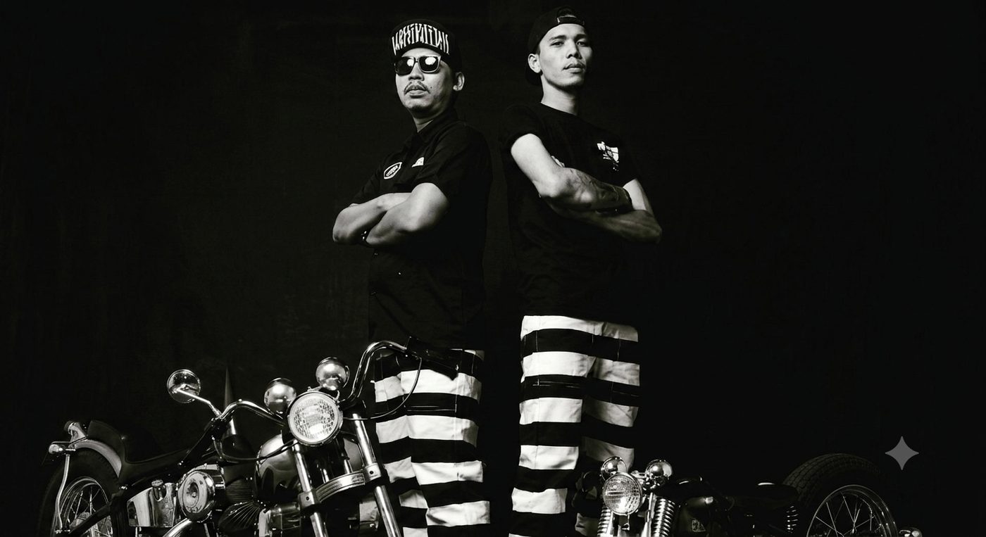 Dua pendiri Badjingan berdiri di samping motor kustom, foto hitam putih