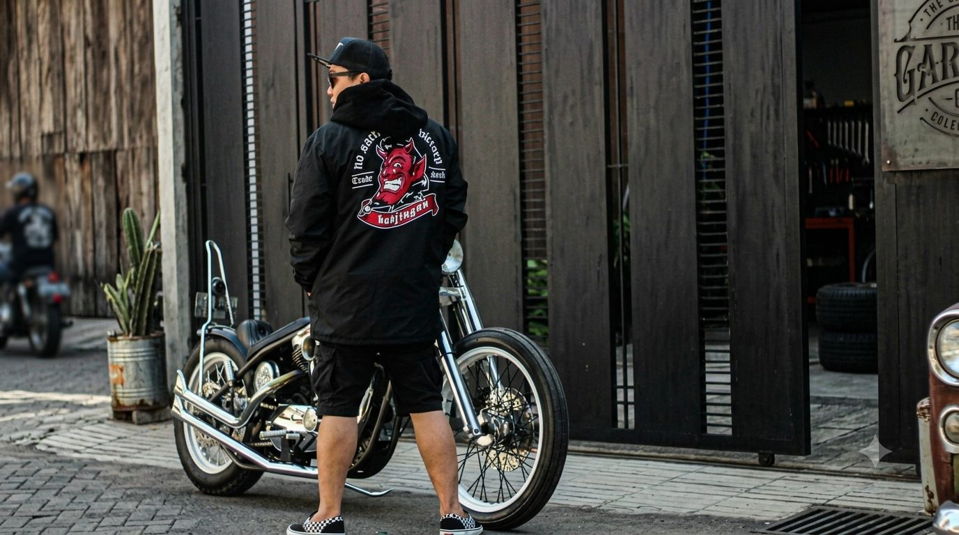 Pengendara Badjingan bersama chopper kustom di gang kota malam hari